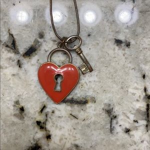 Orange heart lock and key necklace